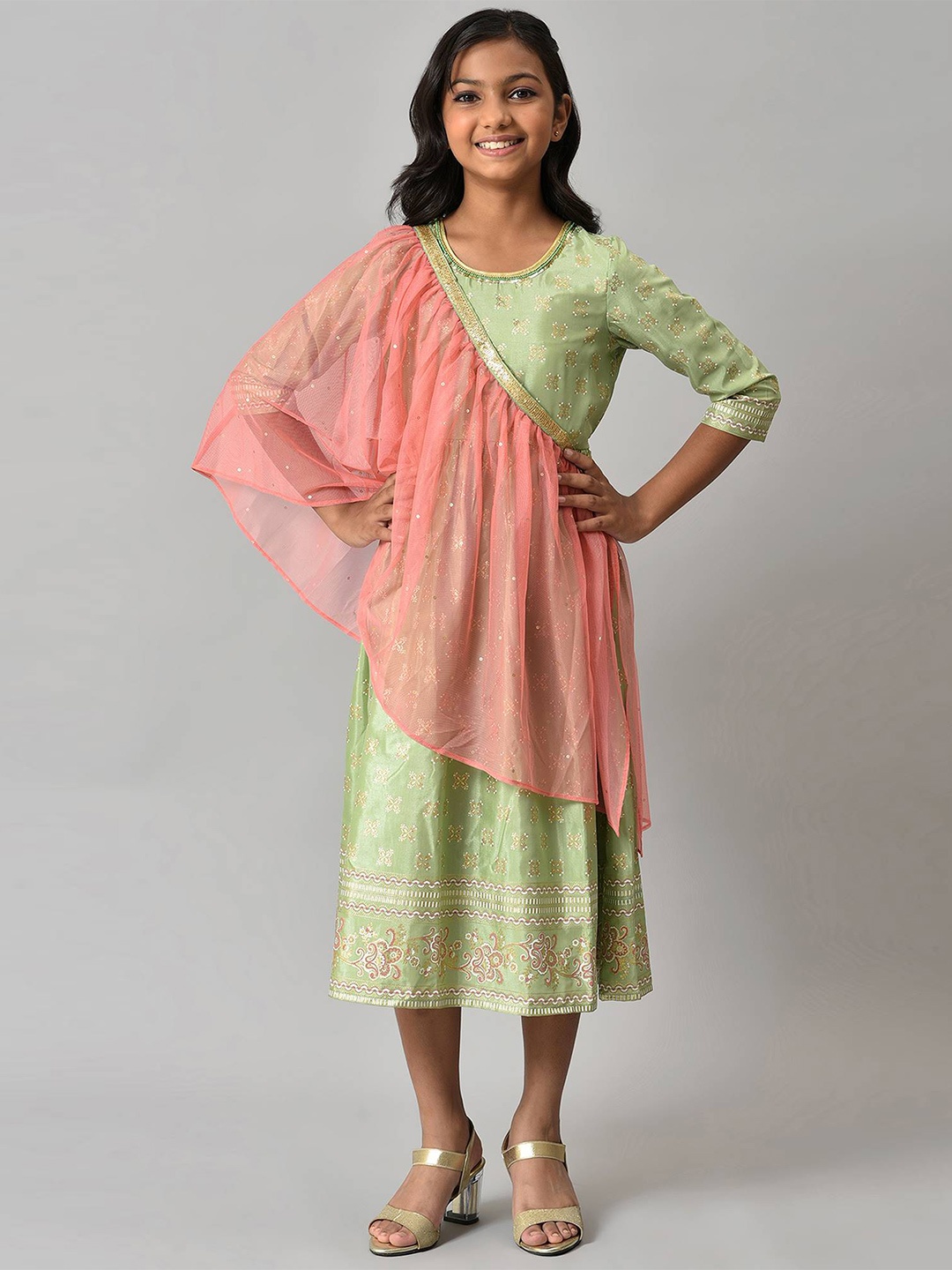 

AURELIA Girls Green & Pink Printed Unstitched Dress