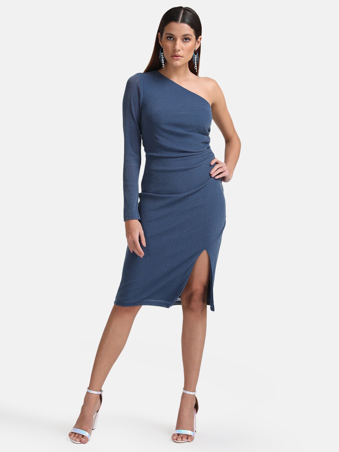 

Kazo Blue Sheath One Shoulder Midi Ruched Dress