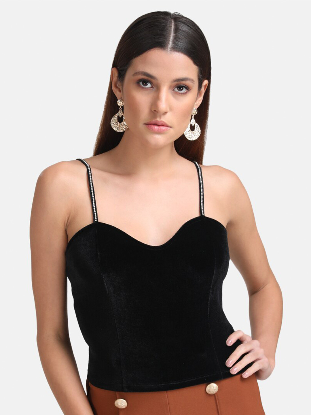 

Kazo Women Black Embellished Shoulder Strap Velvet Crop Top