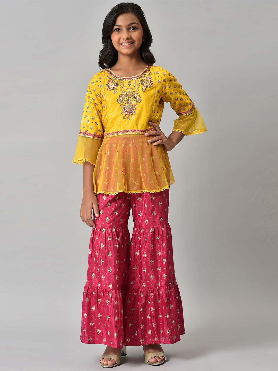 

AURELIA Girls Yellow & Maroon Printed Kurta with Palazzos