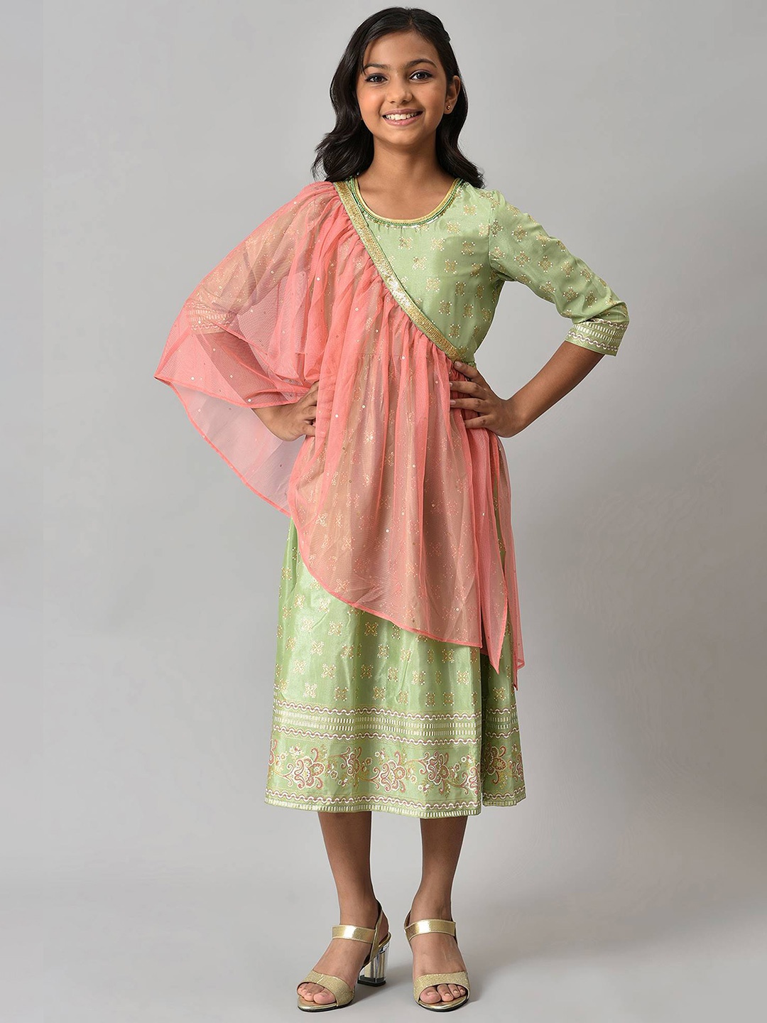 

AURELIA Girls Green & Peach-Coloured Printed Dress With Embellished Dupatta