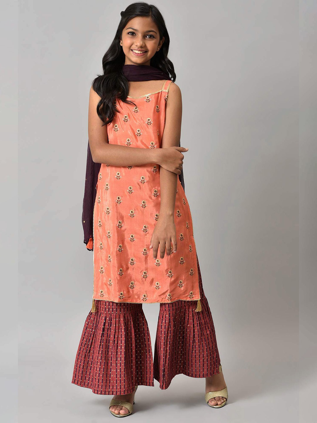

AURELIA Girls Orange & Maroon Embellished Kurta & Palazzos With Dupatta