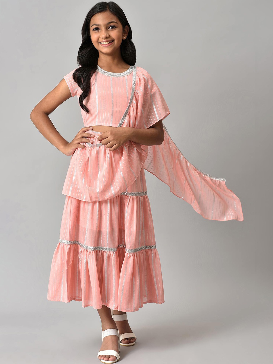 

AURELIA Girls Pink & Silver-Toned Striped Top with Skirt