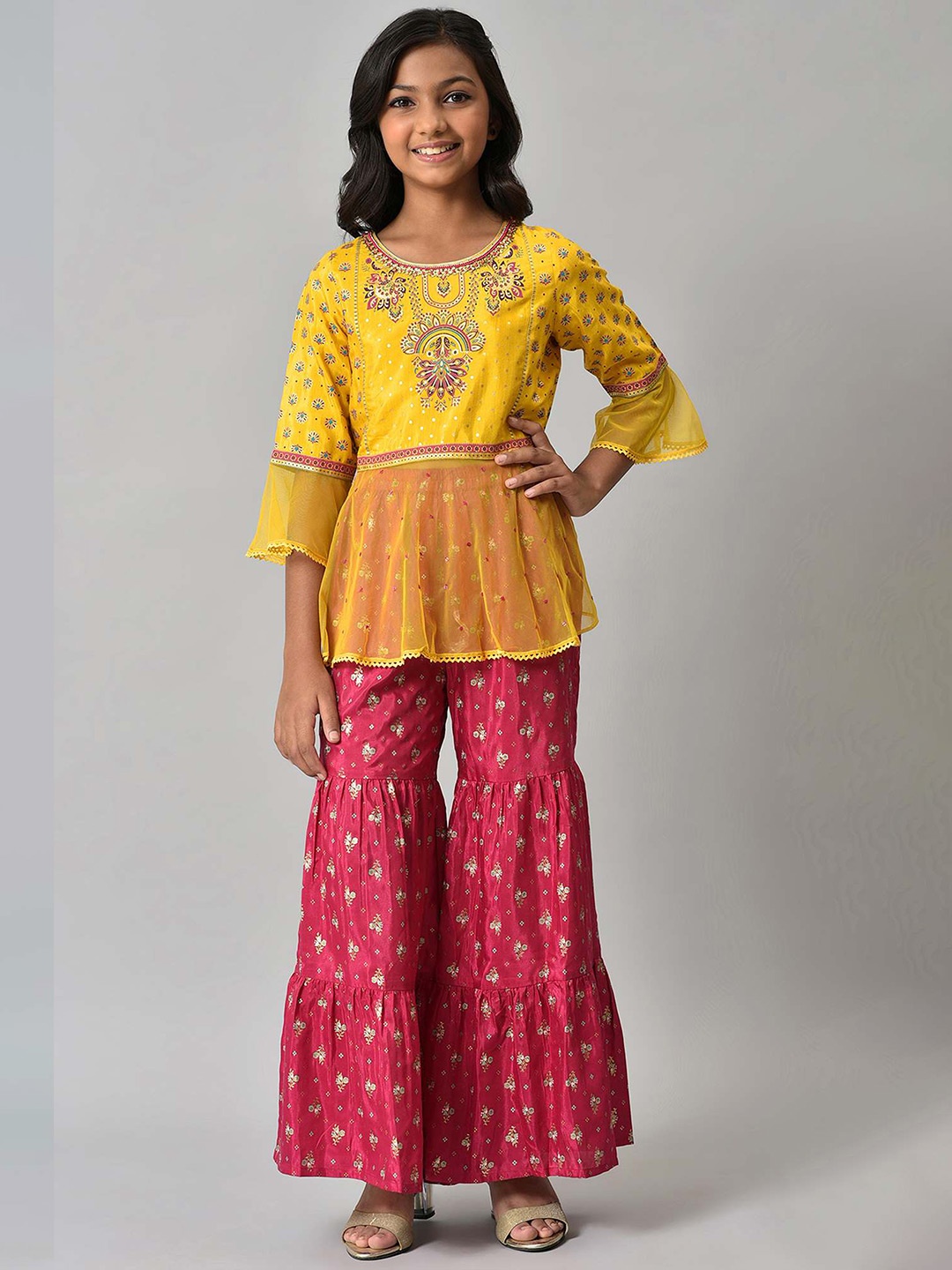

AURELIA Teen Girls Yellow & Pink Floral Printed Top with Palazzos