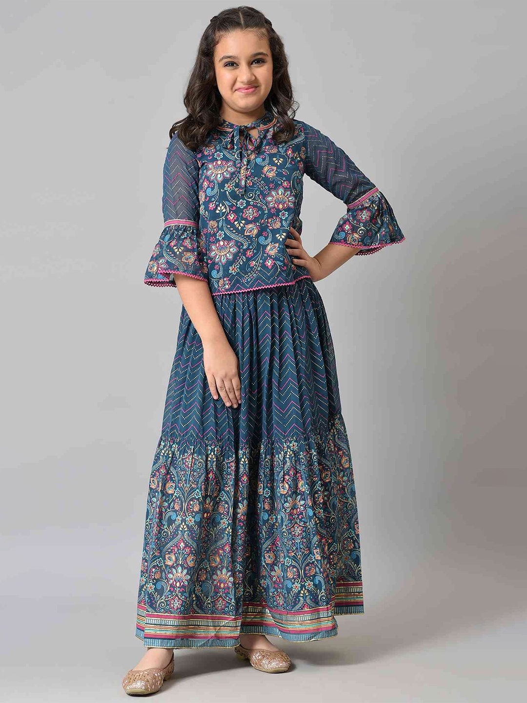 

AURELIA Girls Blue And Pink Printed Top With Skirt
