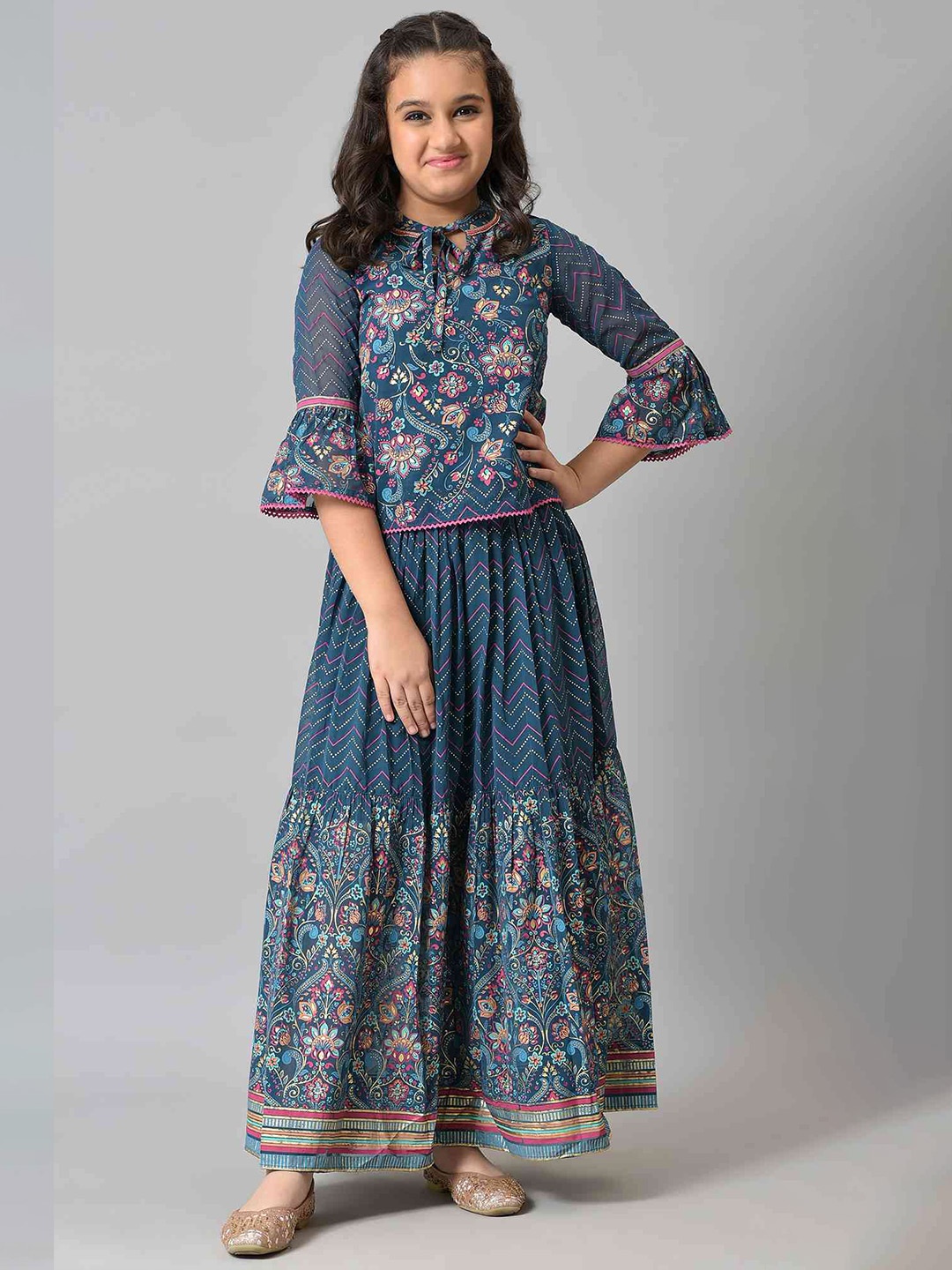 

AURELIA Girls Blue & Pink Printed Top with Skirt