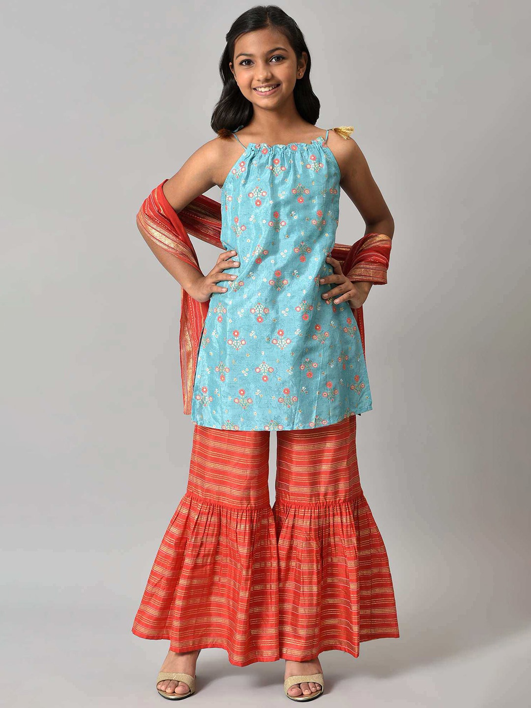 

AURELIA Girls Blue & Red Floral Printed Kurta With Sharara & With Dupatta