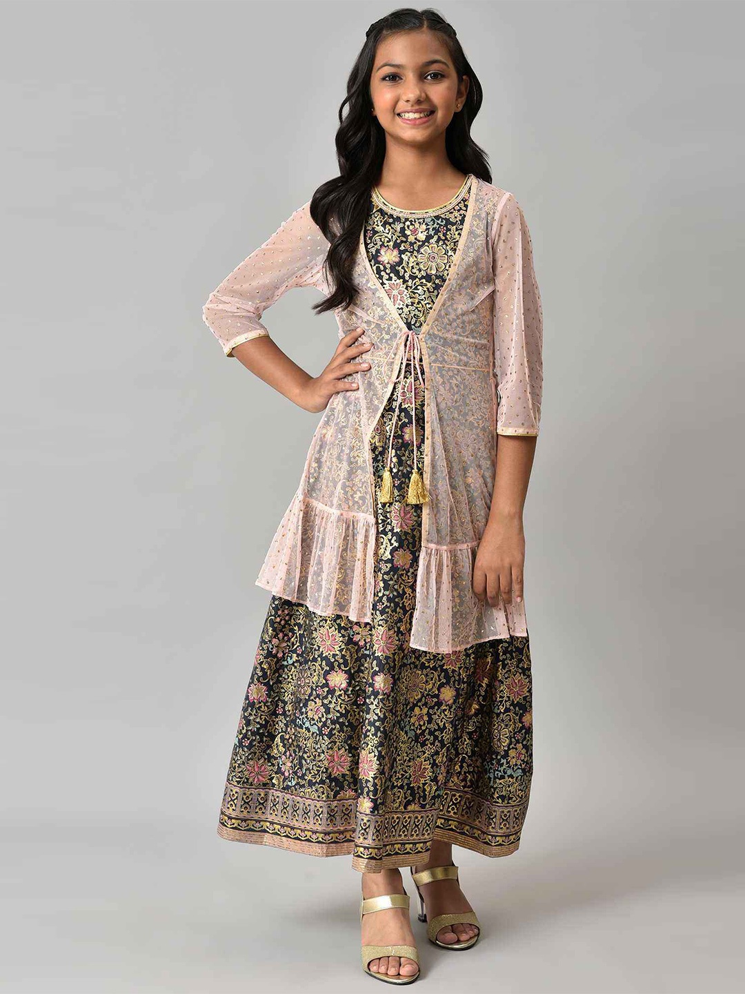 

AURELIA Girls Pink & Navy Blue Printed Maxi Dress with Longline Jacket