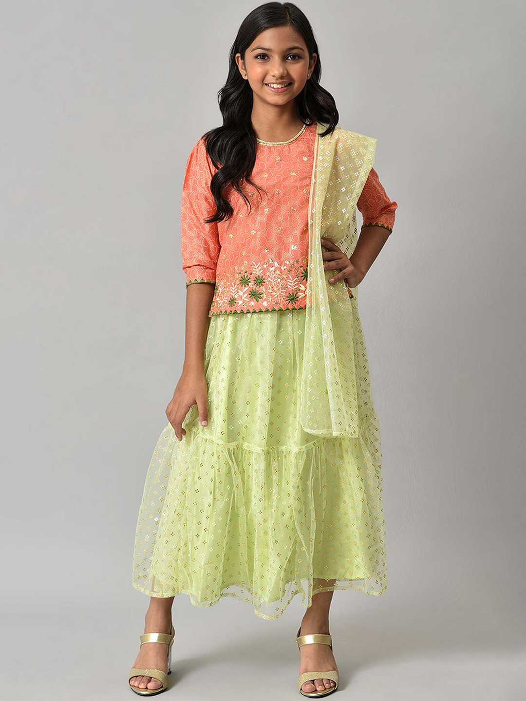 

AURELIA Girls Orange Floral Embroidered Thread Work Top with Skirt & With Dupatta