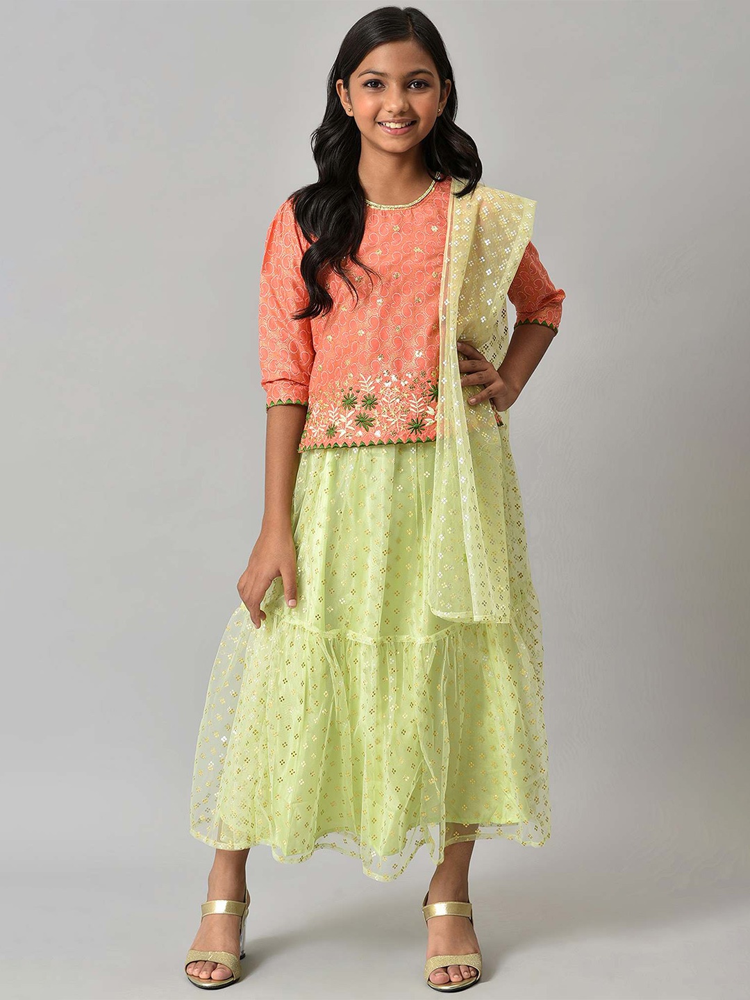 

AURELIA Girls Orange & Yellow Printed Top with Skirt