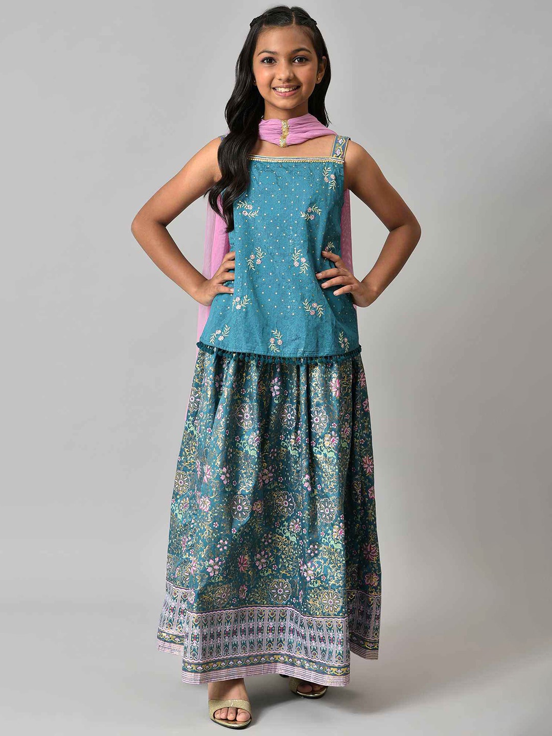 

AURELIA Girls Green & Lavender Printed Top with Skirt
