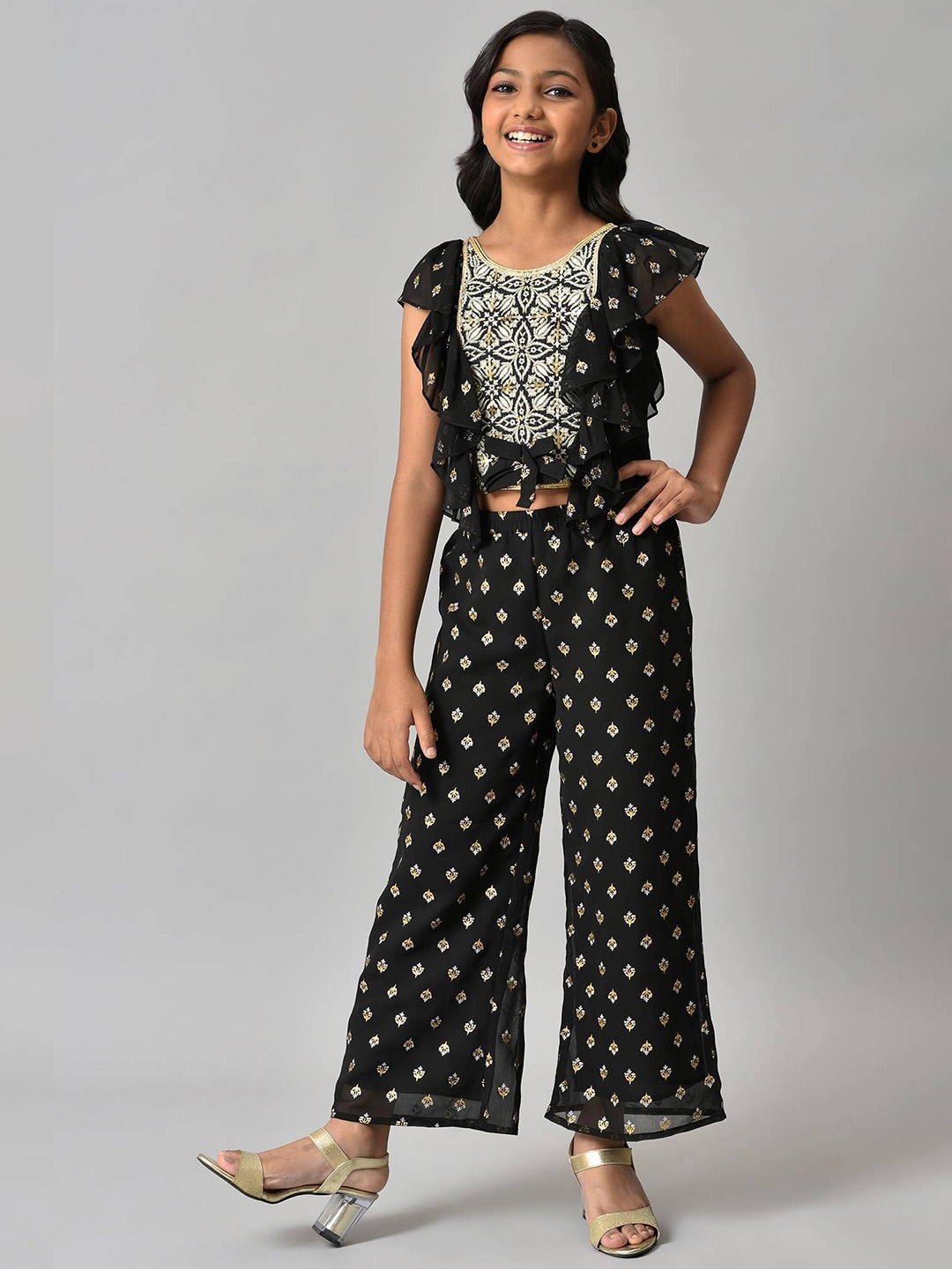 

AURELIA Girls Black & Gold-Toned Printed Top with Palazzos