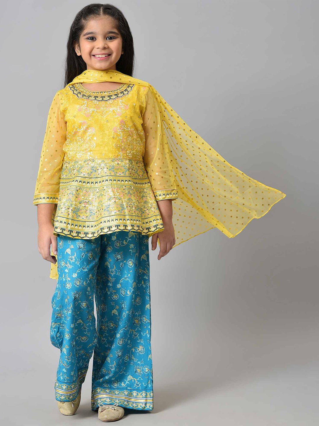 

AURELIA Girls Yellow & Blue Printed Top with Palazzos