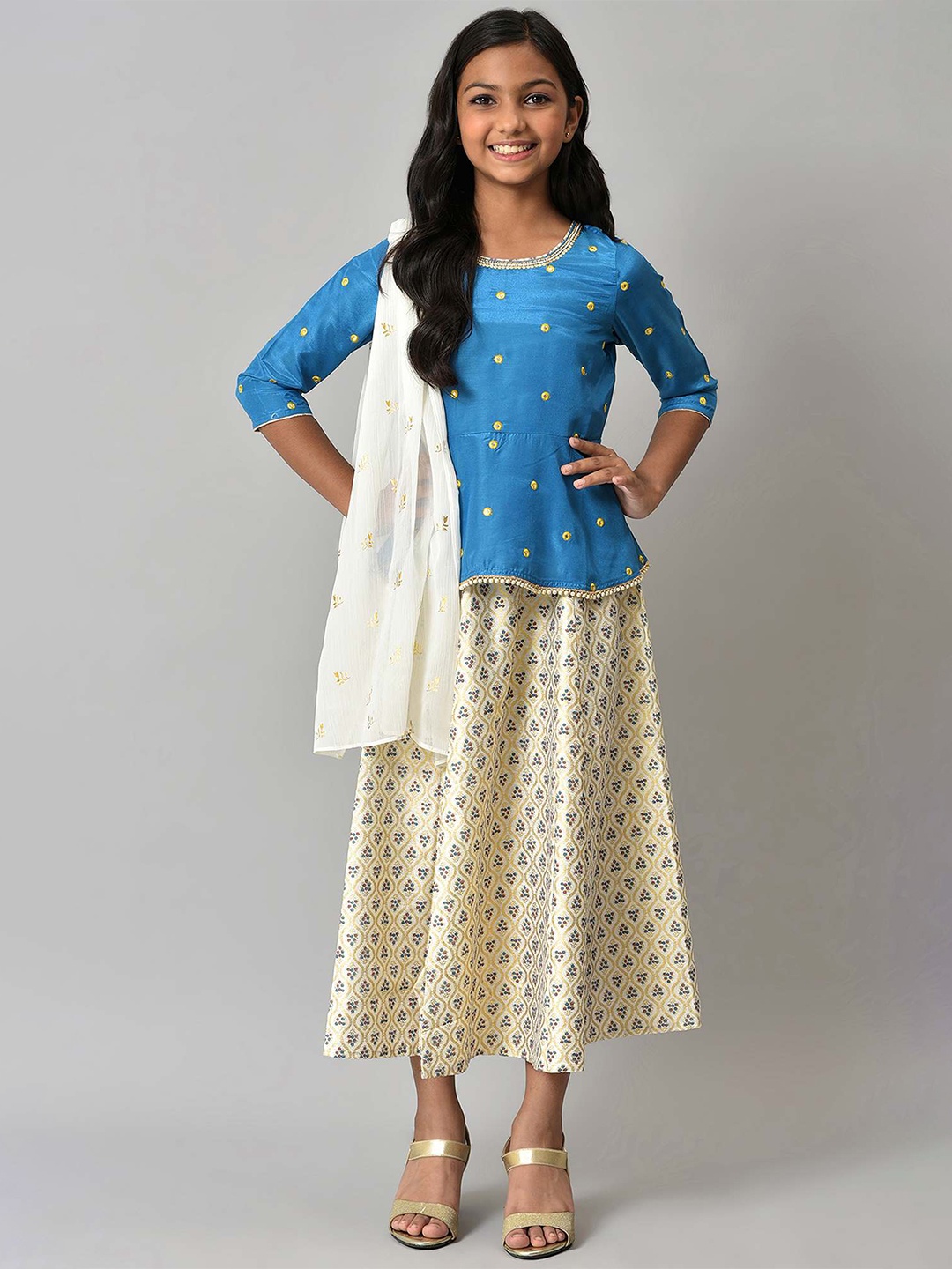 

AURELIA Girls Blue & Cream-Coloured Printed Top with Skirt & Dupatta