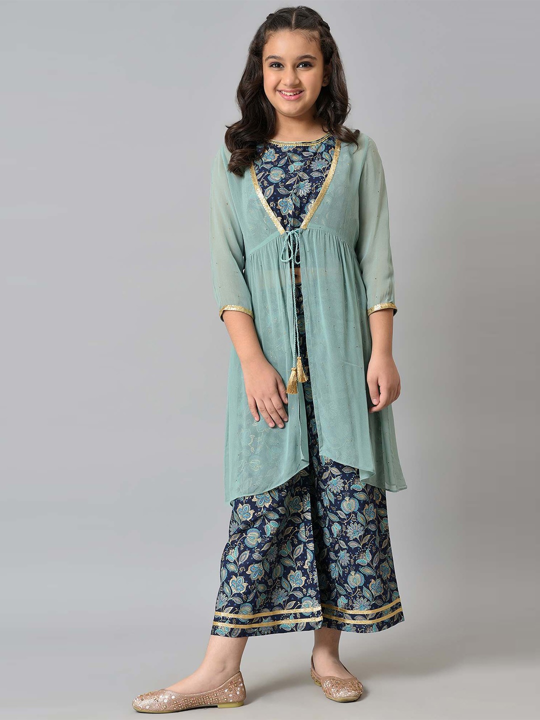 AURELIA Girls Green & Navy Blue Printed Top with Palazzos & With Coat
