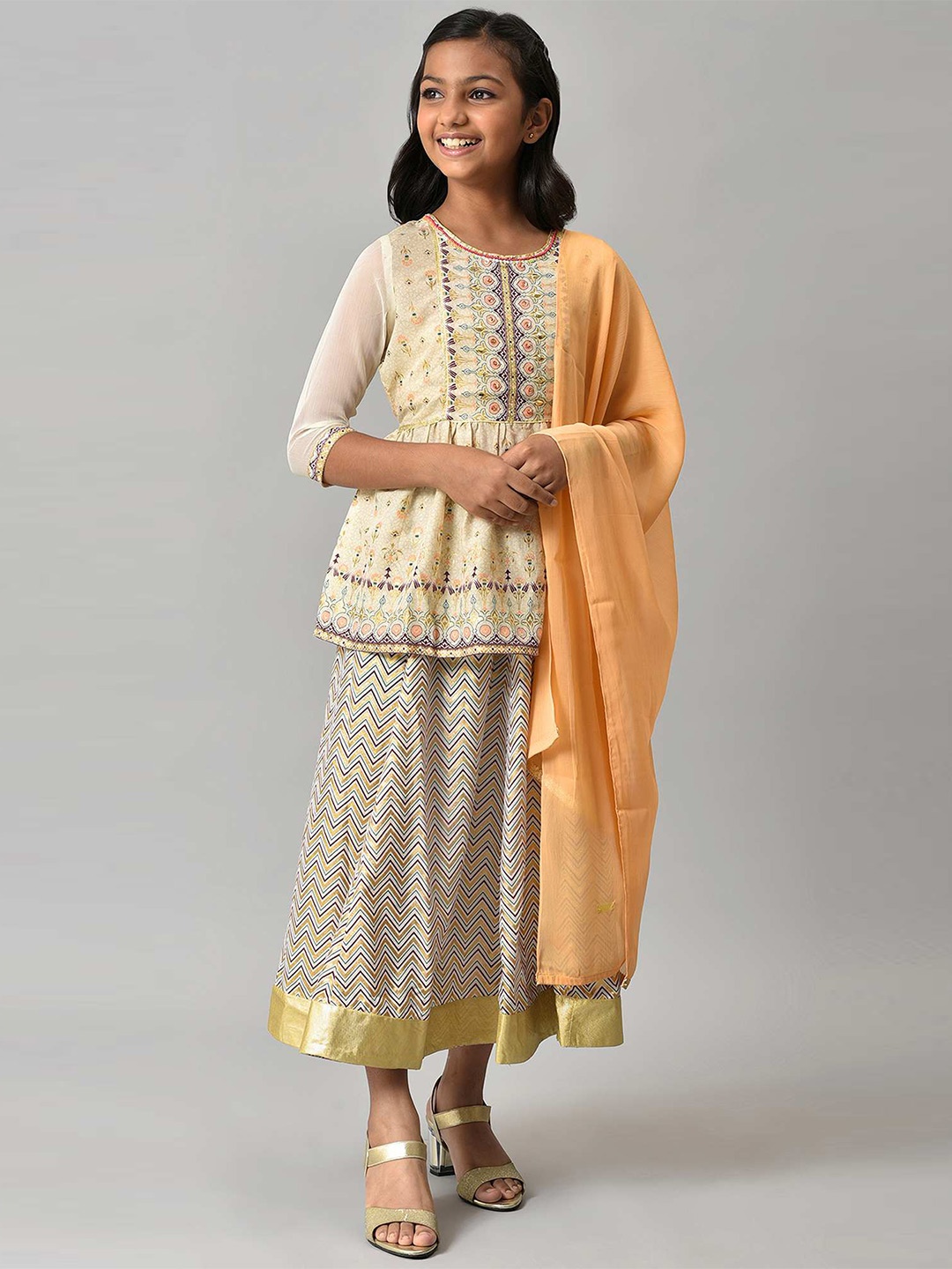

AURELIA Girls Beige & Orange Printed Top with Skirt
