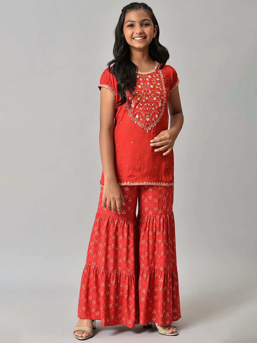 

AURELIA Girls Red & Gold-Toned Printed Top with Palazzo