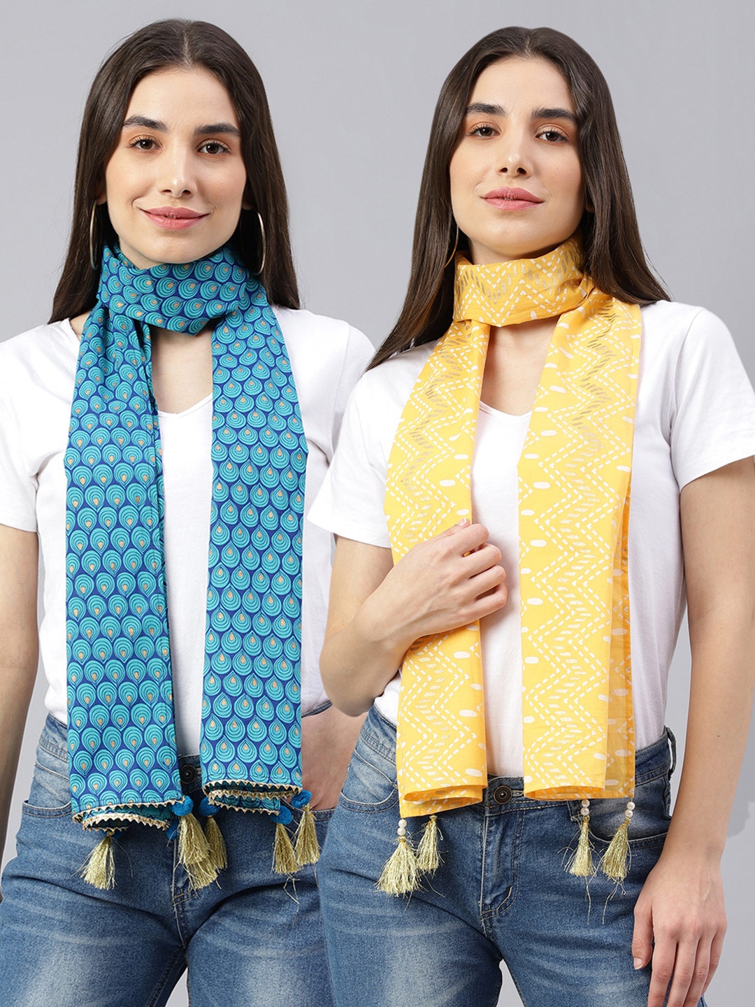 

DECKEDUP Women Set of 2 Blue & Yellow Printed Scarf