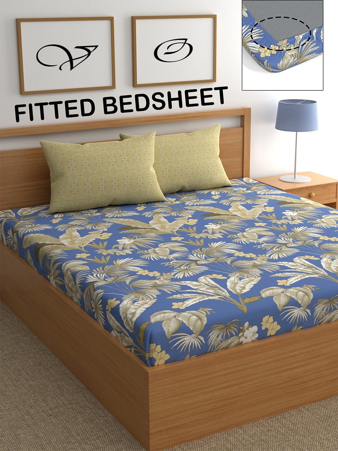 

CHHAVI INDIA Blue & Beige Floral 210 TC Queen Bedsheet with 2 Pillow Covers