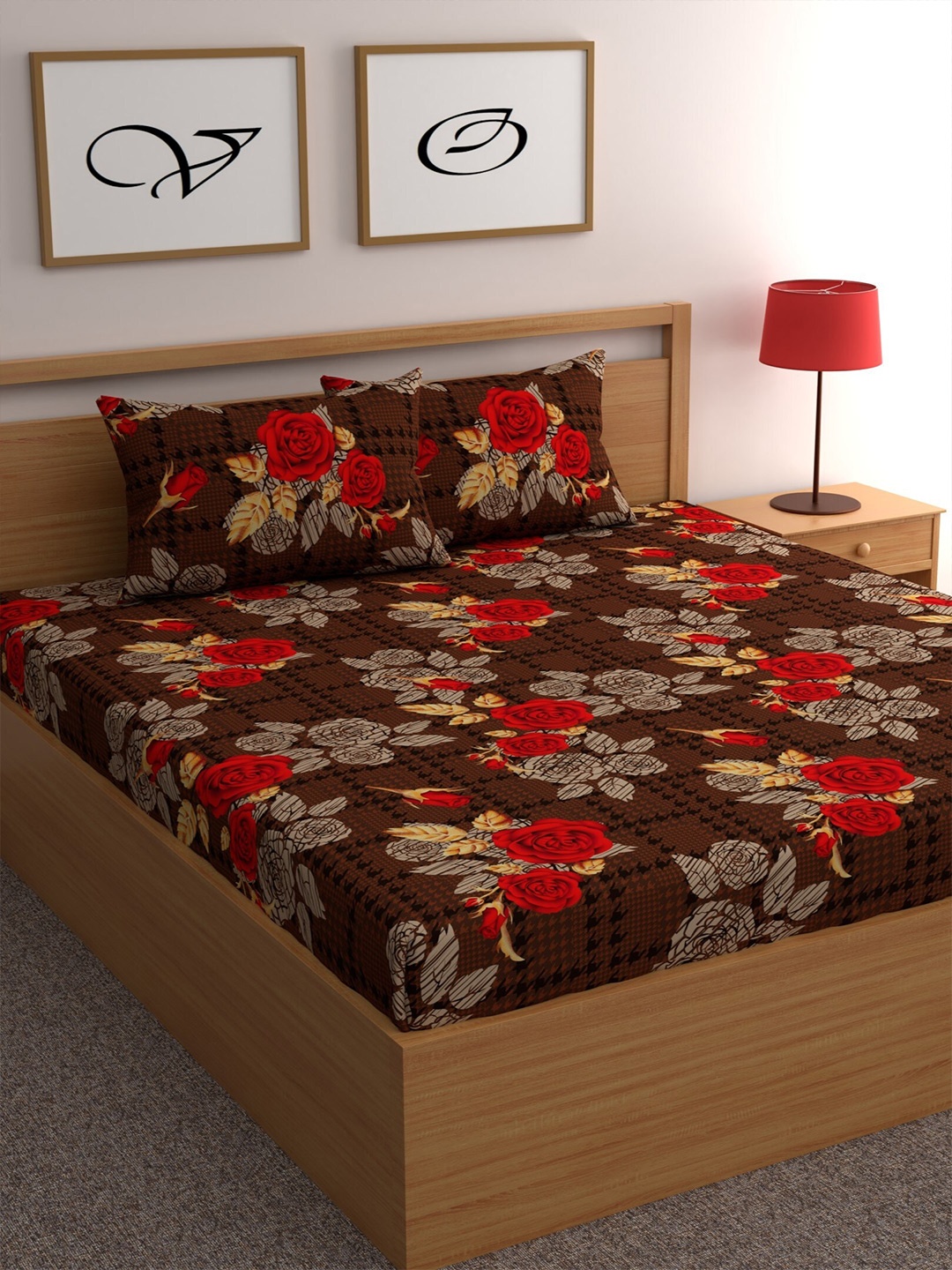 

CHHAVI INDIA Brown & Red Floral 210 TC Queen Bedsheet with 2 Pillow Covers