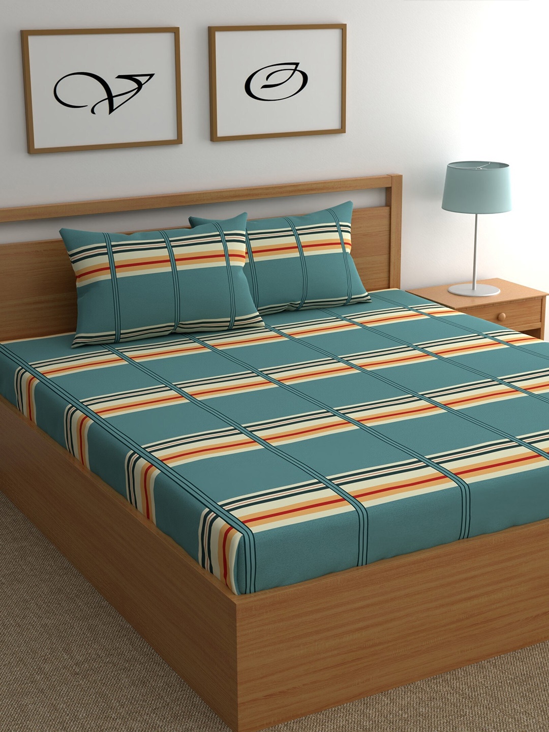 

CHHAVI INDIA Teal & Off White Geometric 210 TC Queen Bedsheet with 2 Pillow Covers