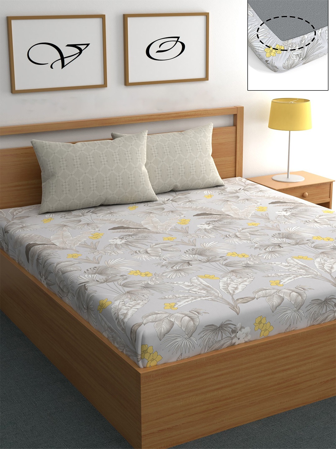 

CHHAVI INDIA Grey & Yellow Floral 210 TC Queen Bedsheet with 2 Pillow Covers