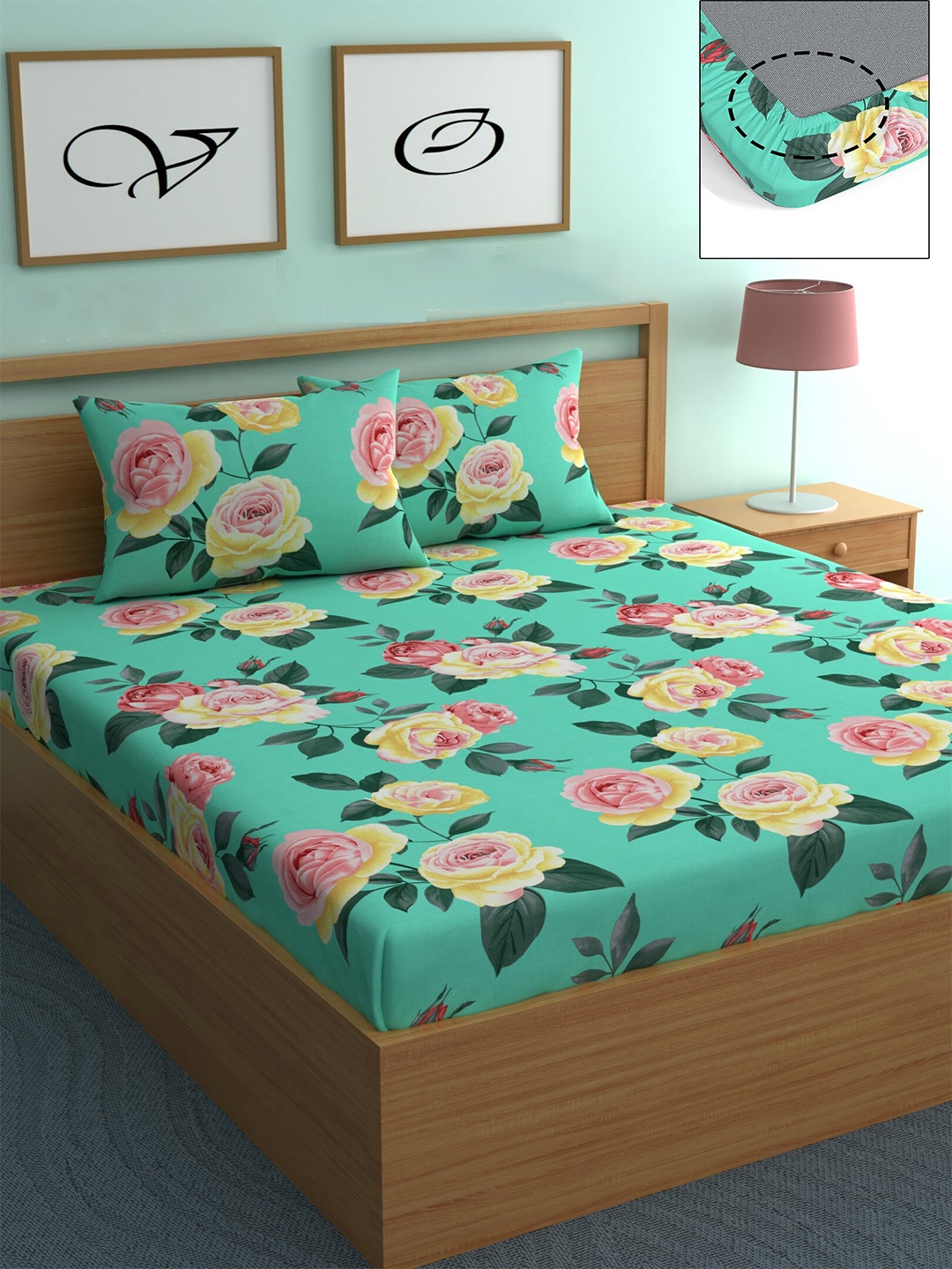 

CHHAVI INDIA Sea Green & Red Floral 210 TC Queen Bedsheet with 2 Pillow Covers