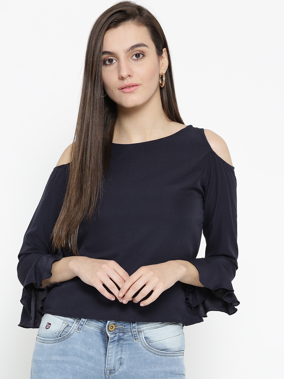 

U&F Women Navy Solid Cold Shoulder Top, Navy blue