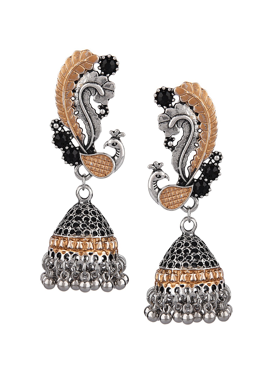 

FEMMIBELLA Women Silver Oxidised & Gold-Toned Peacock Shaped Jhumkas Earrings