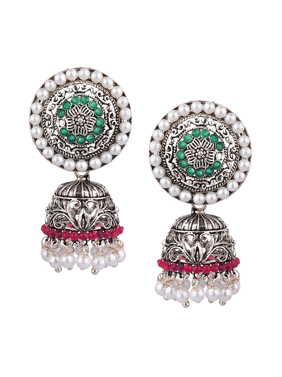 

FEMMIBELLA Silver-Plated & Green Dome Shaped Jhumkas Earrings
