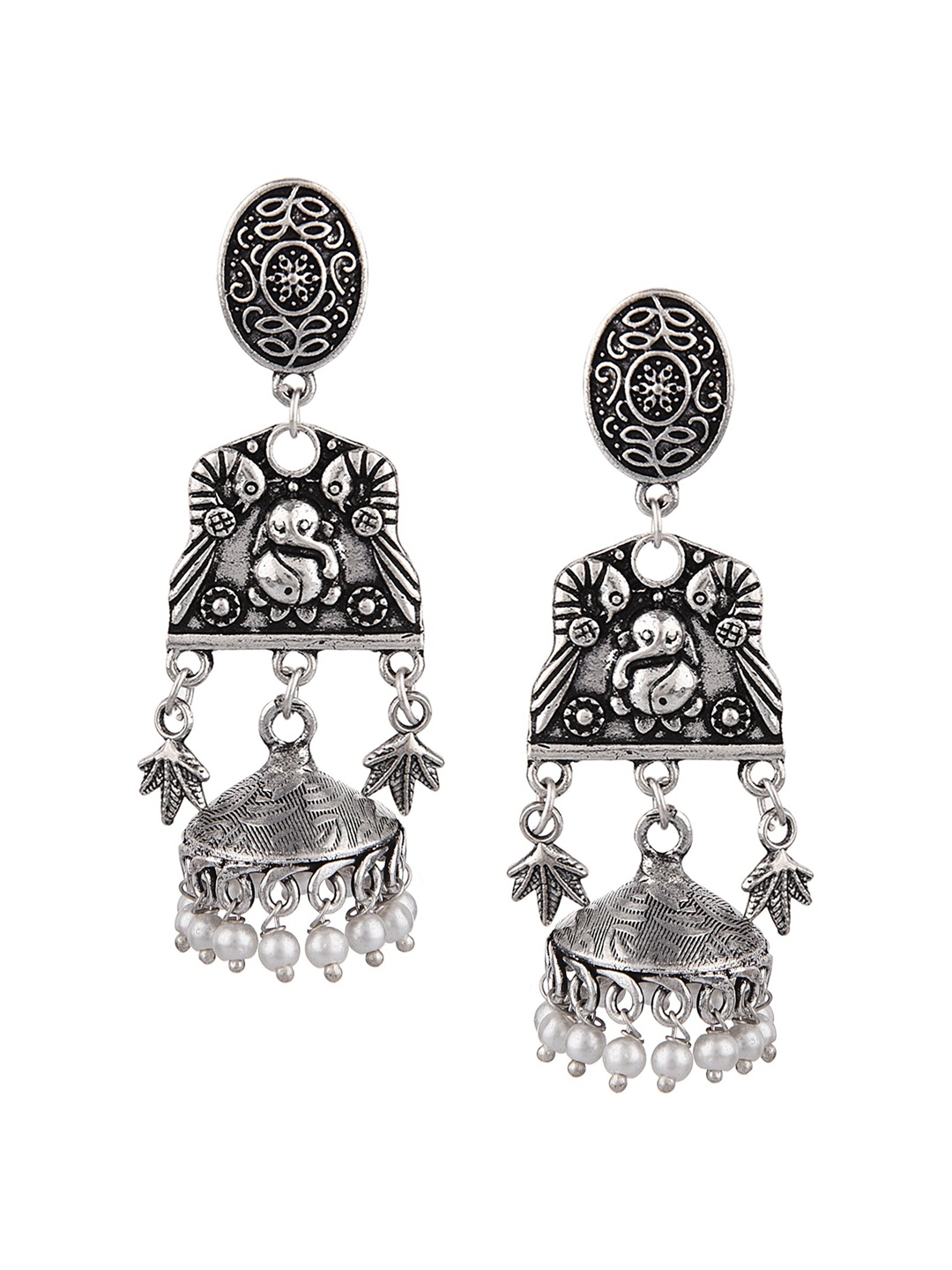 FEMMIBELLA Silver-Toned Oxidised Dome Shaped Jhumkas Earrings
