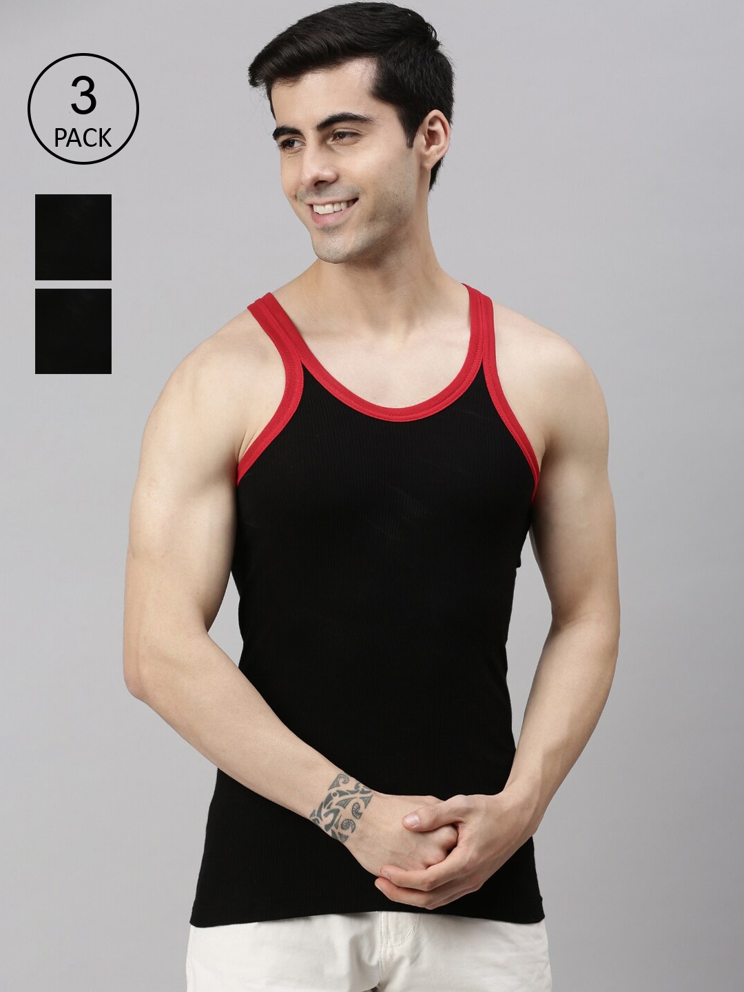 

Lux Cozi Men Pack of 3 Black & Red Solid Cotton Innerwear Vests