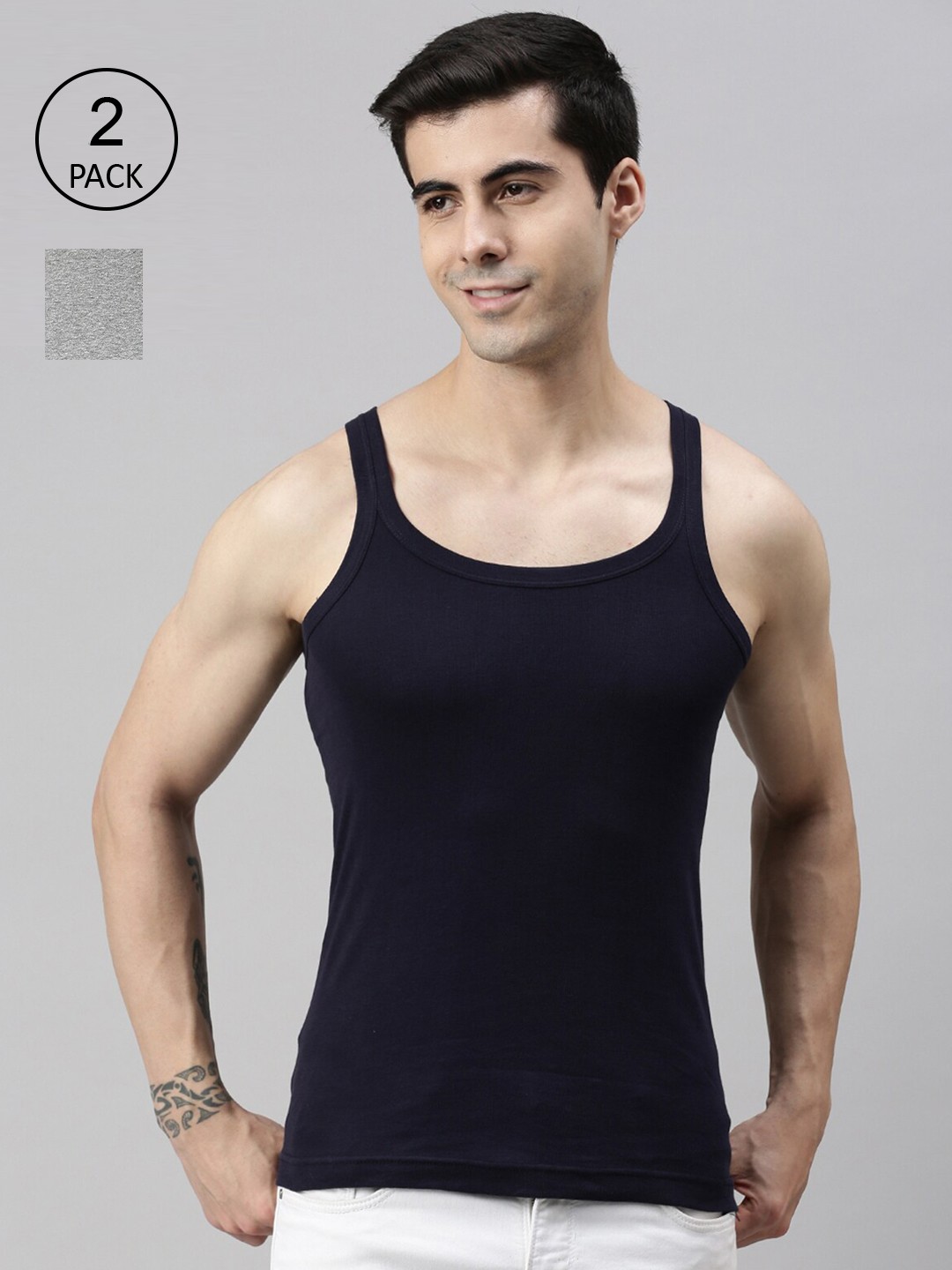 

Lux Cozi Men Pack Of 2 Grey & Navy Solid Pure Cotton Gym Vests