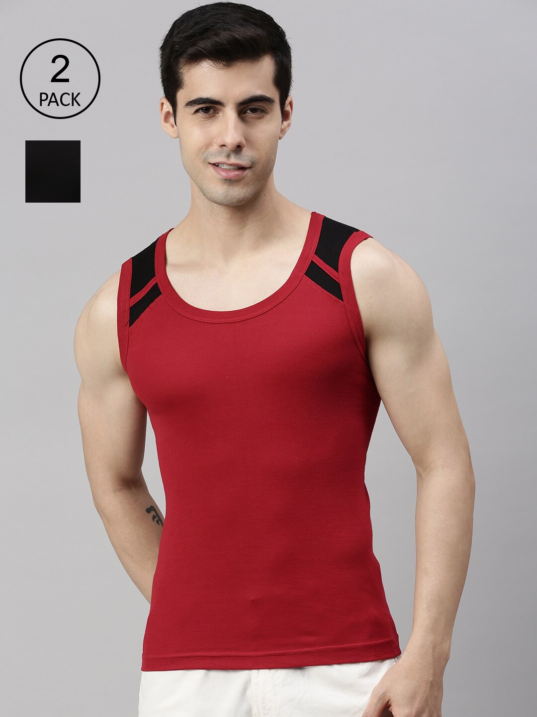 

Lux Cozi Men Plus Size Pack of 2 Black & Red Solid Pure Cotton Innerwear Gym Vests