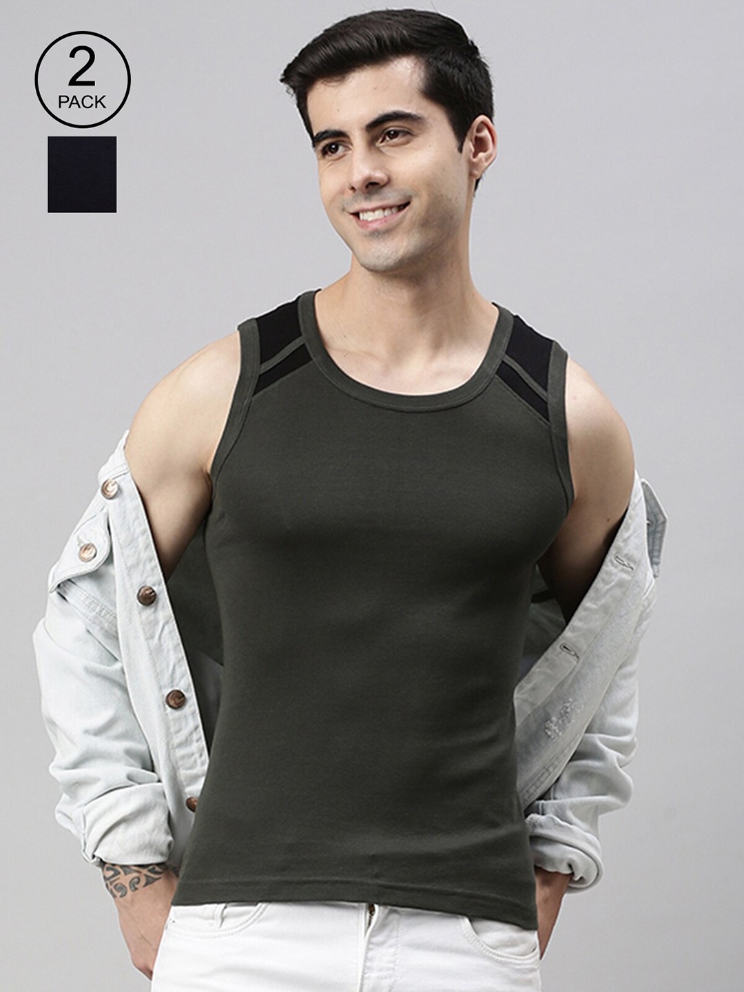 

Lux Cozi Men Pack Of 2 Black & Olive Solid Organic Cotton Innerwear Vests
