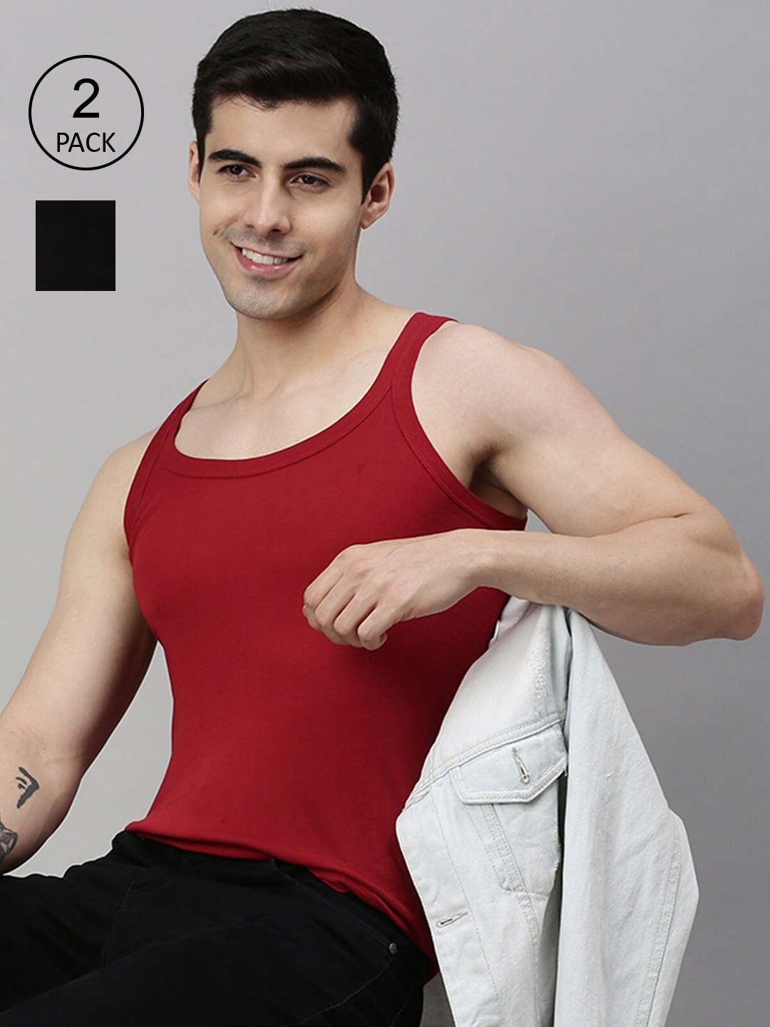 

Lux Cozi Men Pack Of 2 Navy Blue & Red Solid Pure Cotton Innerwear Vests