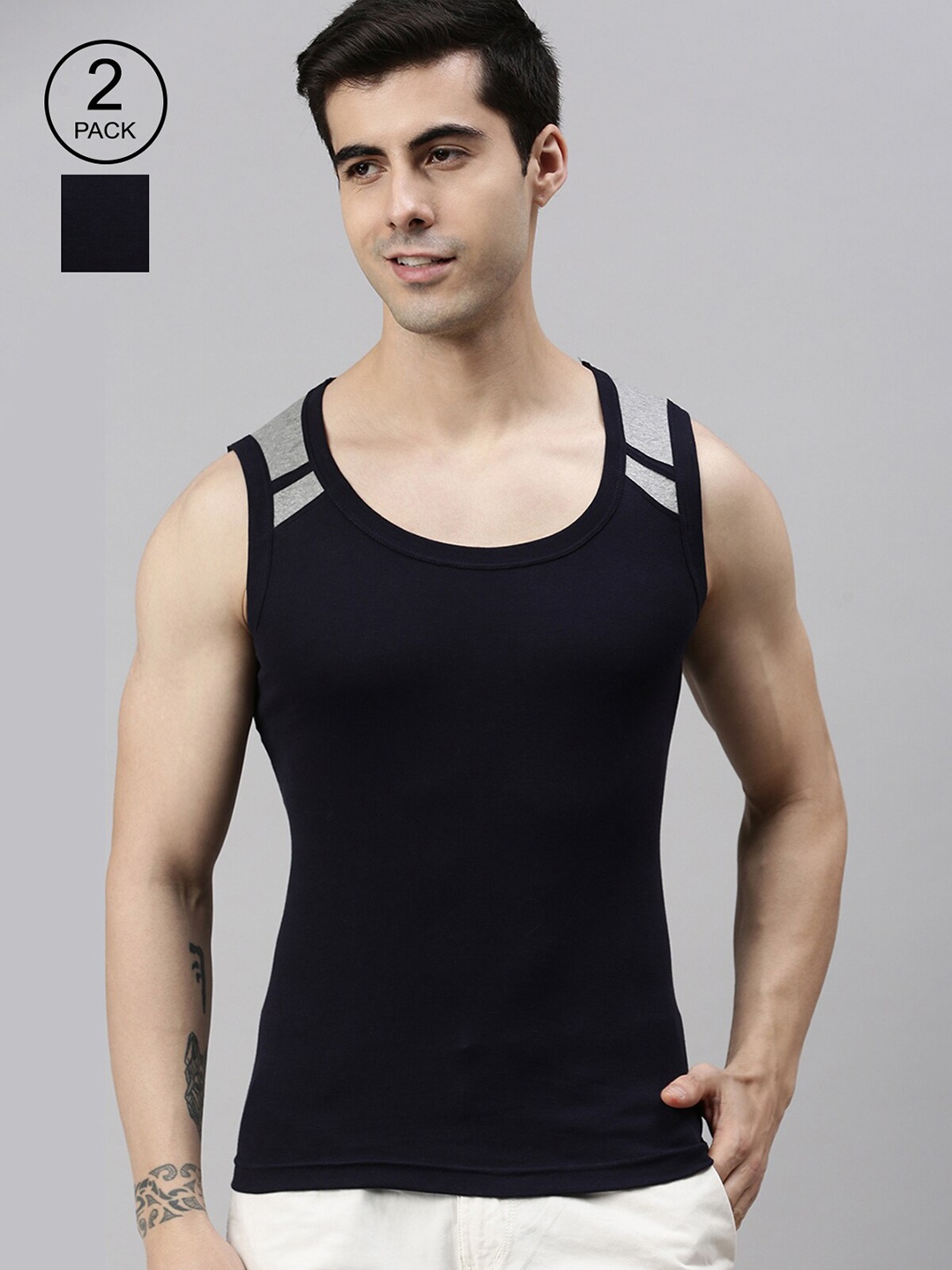 

Lux Cozi Men Pack Of 2 Black & Navy Blue Solid Pure Cotton Innerwear Gym Vests