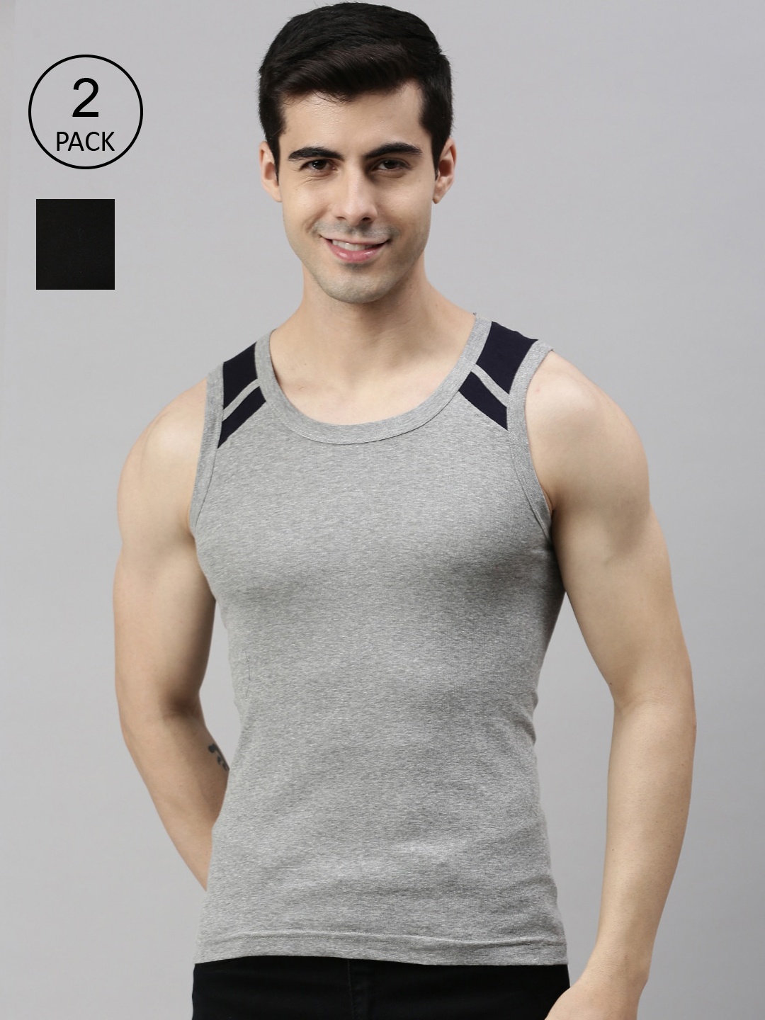 

Lux Cozi Men Plus Size Pack Of 2 Black & Grey Solid Pure Cotton Innerwear Gym Vests
