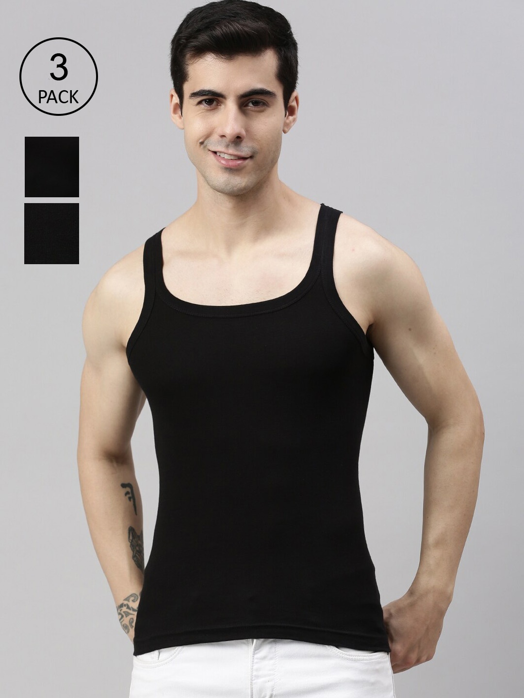 

Lux Cozi Men Pack Of 3 Solid Pure Cotton Innerwear Gym Vests, Black