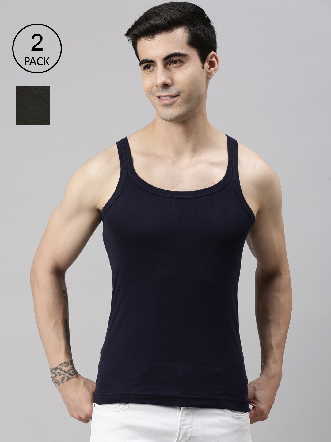 

Lux Cozi Men Pack Of 2 Solid Cotton Innerwear Vests, Olive