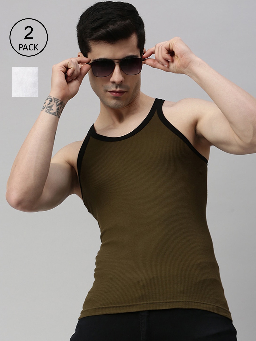 

Lux Cozi Men Pack Of 2 Solid Pure Cotton Innerwear Gym Vests, Olive