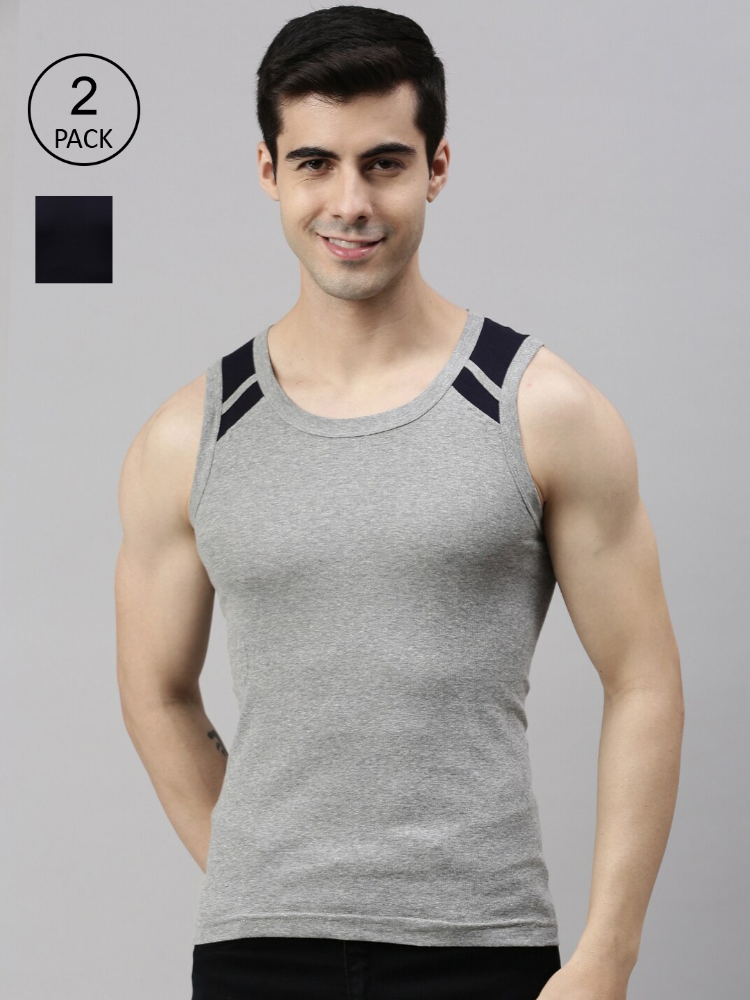 

Lux Cozi Men Pack Of 2 Grey & Navy Blue Solid Cotton Gym Innerwear Vests