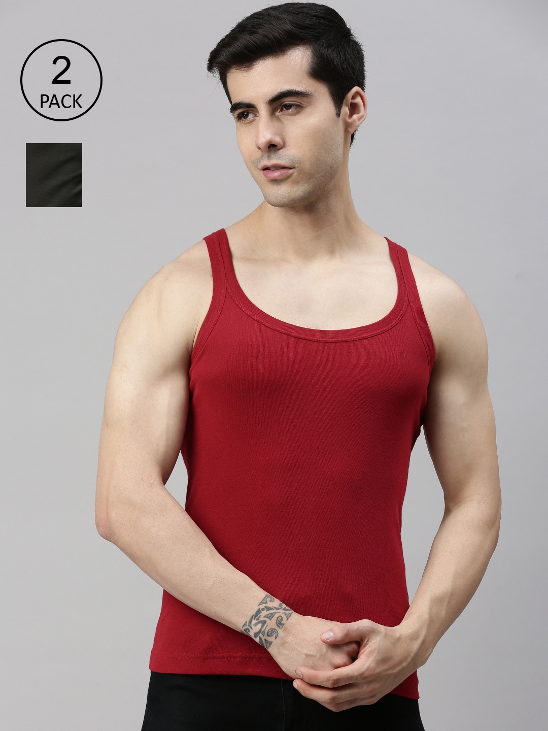 

Lux Cozi Men Olive & Red solid Cotton Innerwear Vests