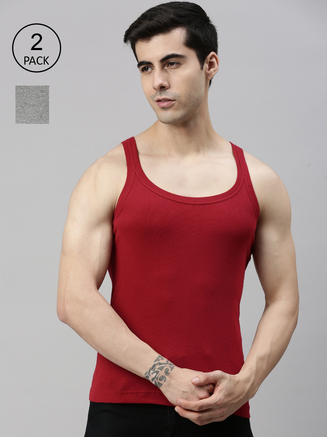 

Lux Cozi Men Pack Of 2 Solid Organic Cotton Innerwear Gym Vests, Grey