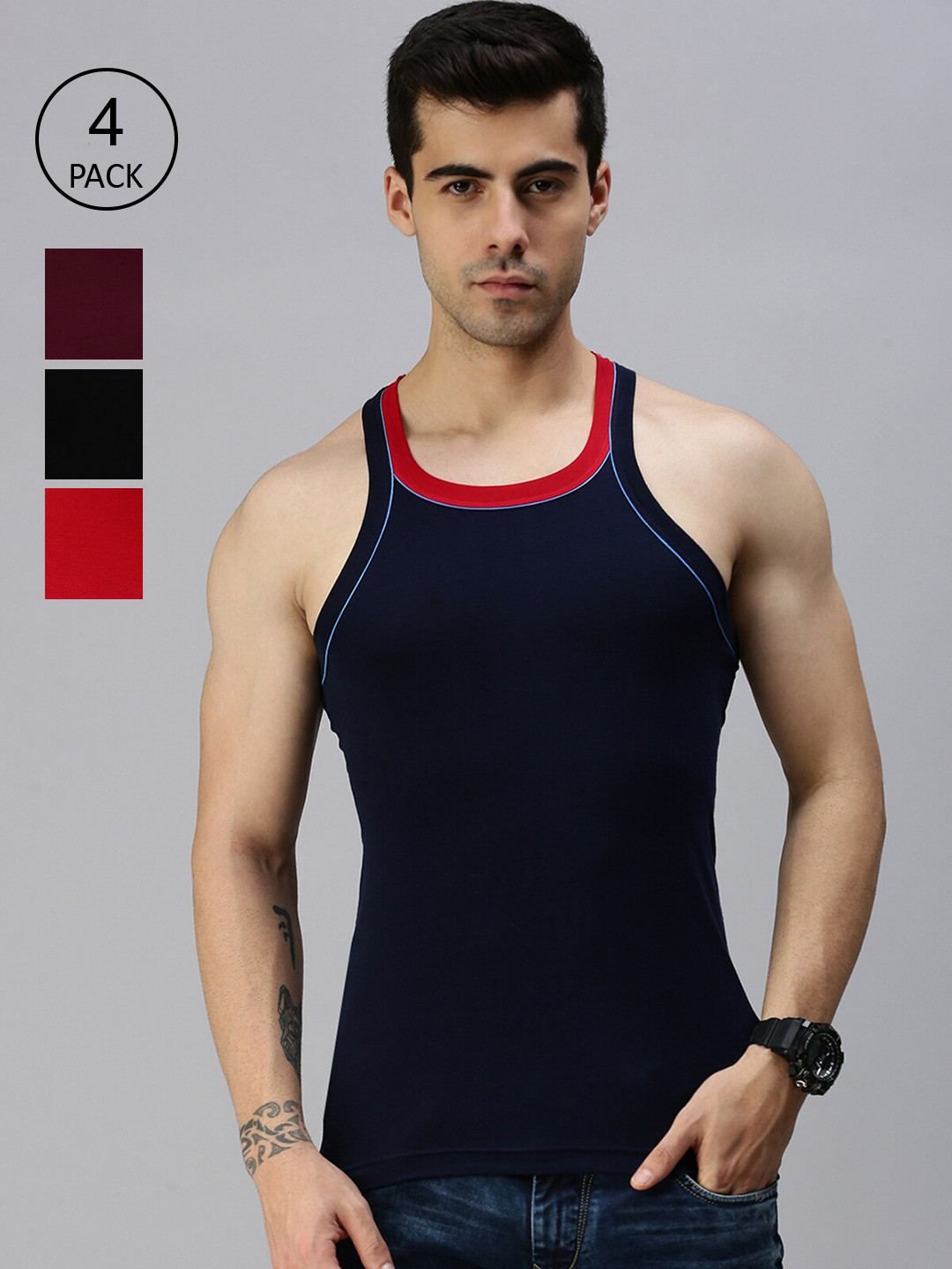 

Lux Cozi Men Pack Of 4 Assorted Pure Cotton Innerwear Gym Vests