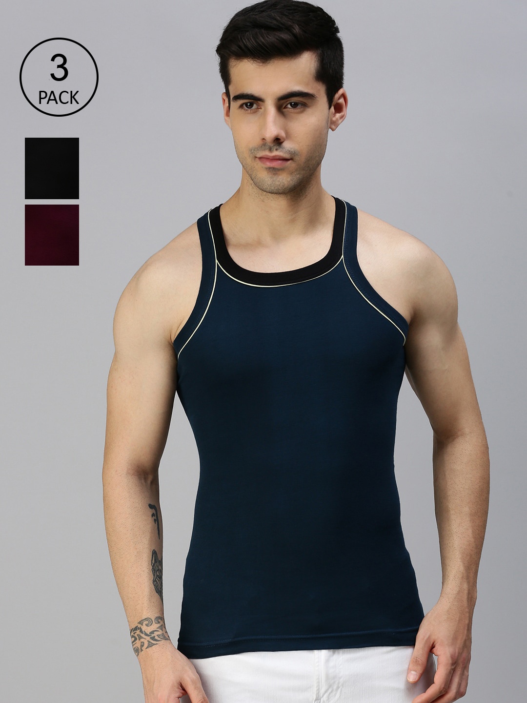 

Lux Cozi Men Pack Of 3 Blue & Black Solid Organic Cotton Innerwear Vests
