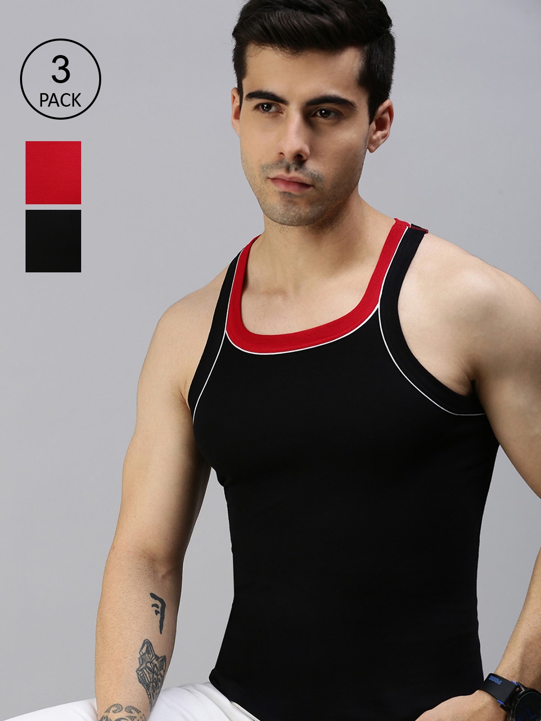 

Lux Cozi Men Pack of 3 Solid Organic Cotton Innerwear Vests, Black
