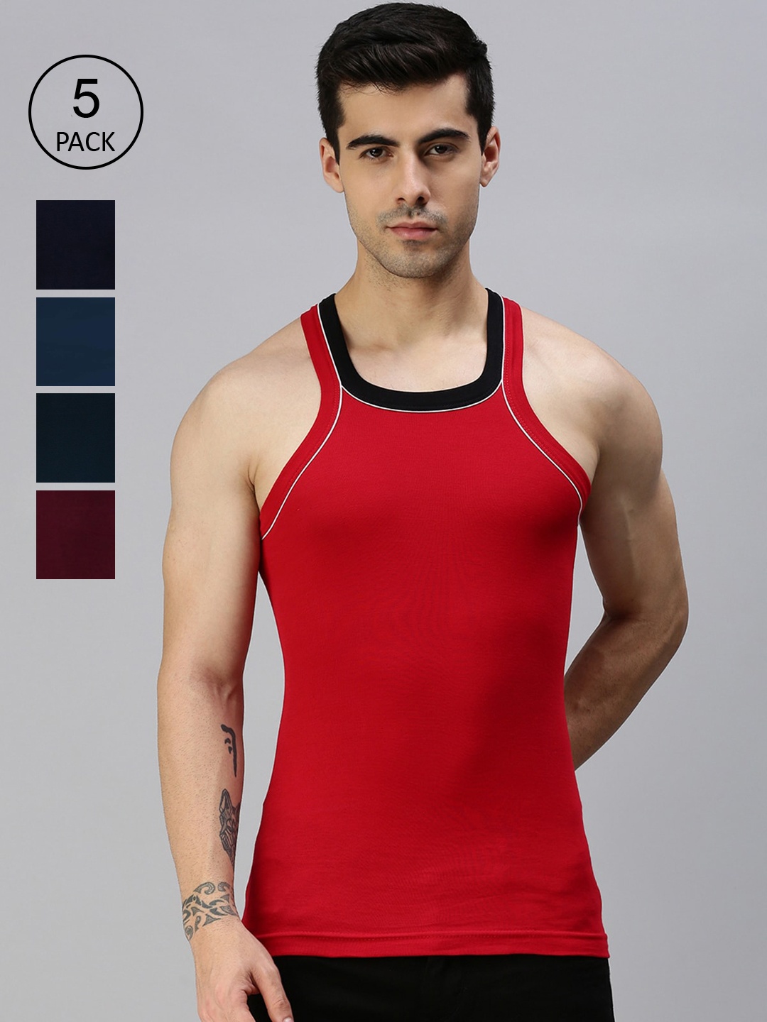 

Lux Cozi Men Pack Of 5 Solid Pure Cotton Gym Vests, Red