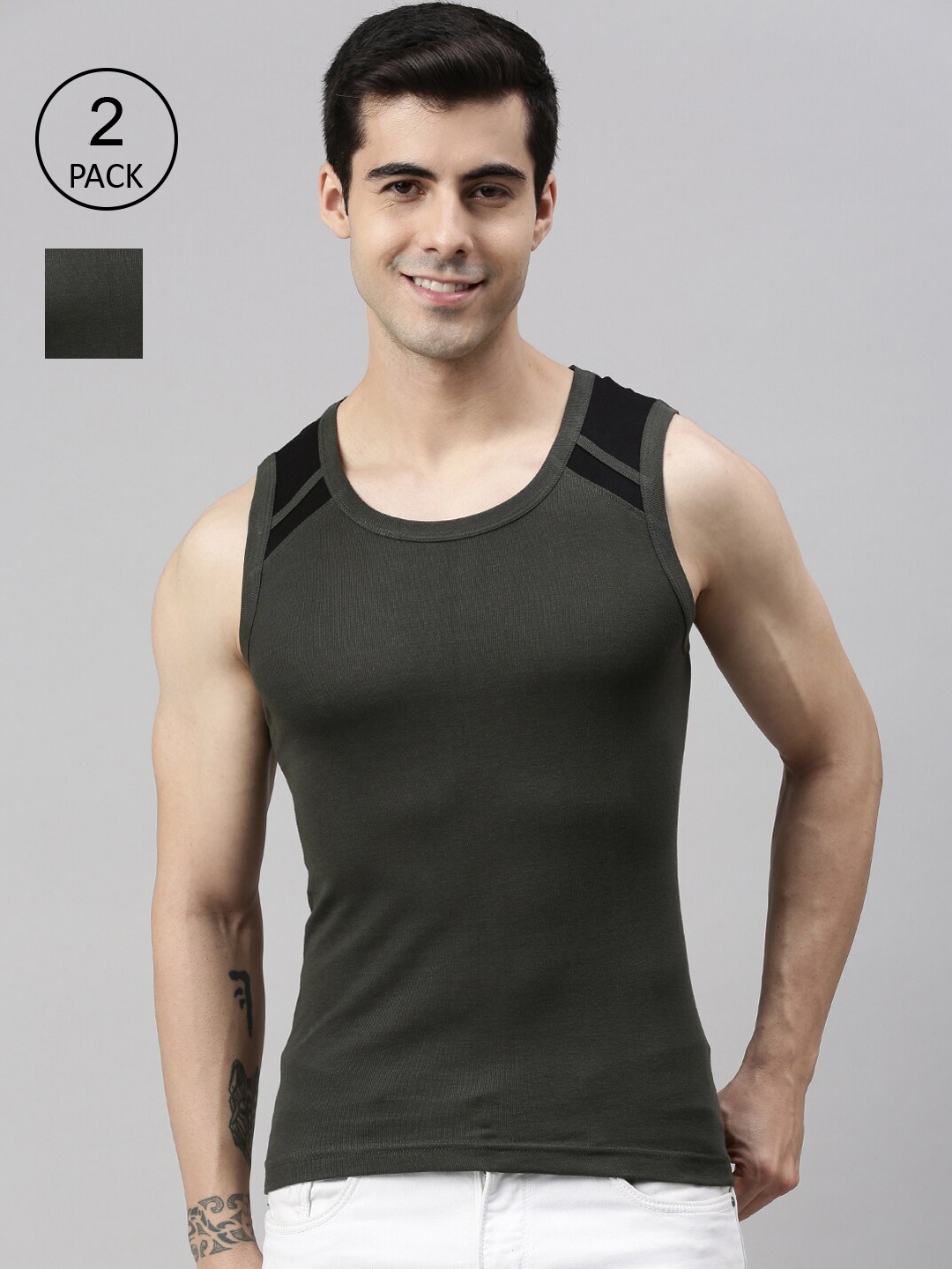 

Lux Cozi Plus Size Men Pack Of 2 Solid Pure Cotton Innerwear Vests, Olive