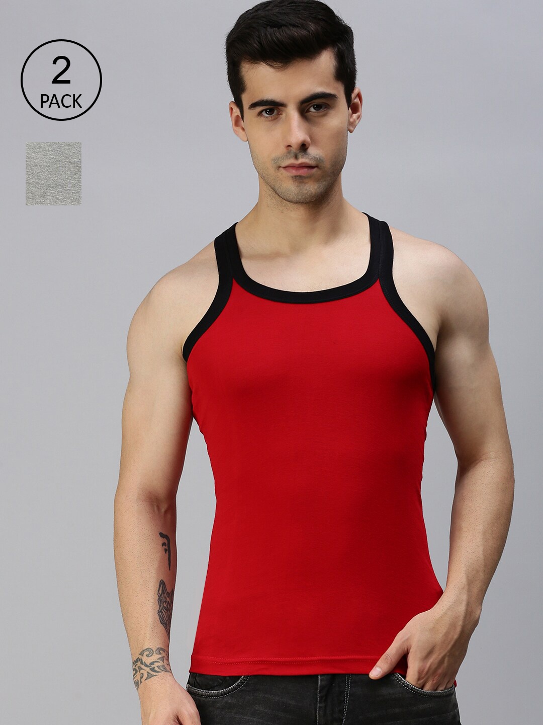 

Lux Cozi Men Plus Size Pack Of 2 Grey & Red Solid Organic Cotton Gym Vests